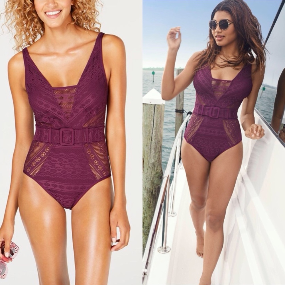 BECCA Sz S & XL belted lace crochet plunge 1piece FINAL PRICE